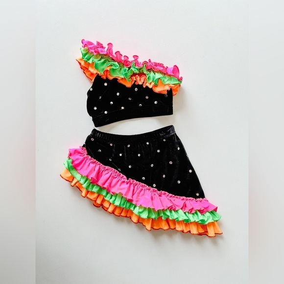Figure Skating/Dance Wear Two piece A-Symmetrical - Black/Neon Colors - Size4-5T - Picture 1 of 3